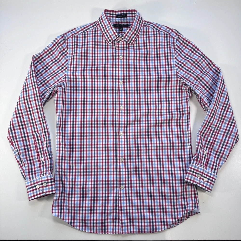 BANANA REPUBLIC Non Iron Grant Fit Button Up L/S Shirt Mens Medium BlueRedWhite